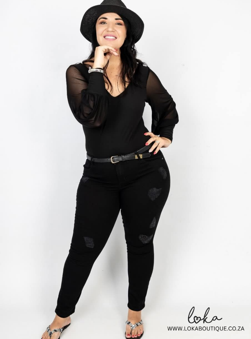 (2de Asem) Swart Olga bodysuit met mesh moutjies