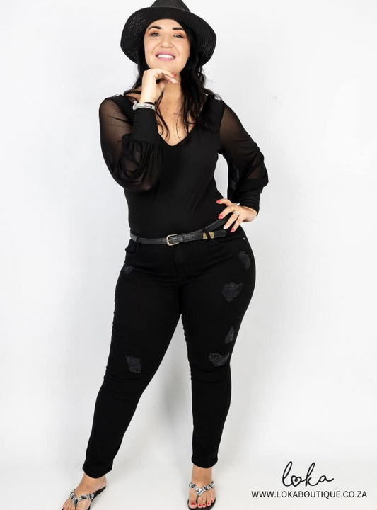(2de Asem) Swart Olga bodysuit met mesh moutjies